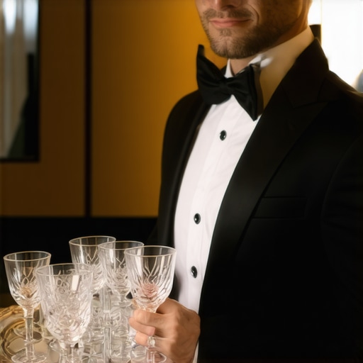 Professional Event Staffing Standards A catering server in a professional uniform holding a tray at a luxury event.