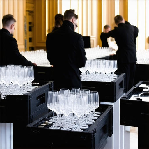Catering staff performing a discreet post-event cleanup at a luxury wedding venue.