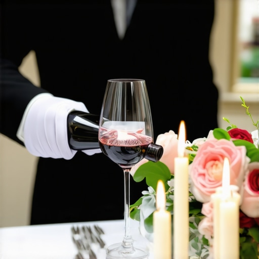 A professional server performing a technical wine pour at a luxury wedding reception.