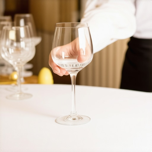 A catering server meticulously setting a crystal wine glass at a high-end wedding reception.