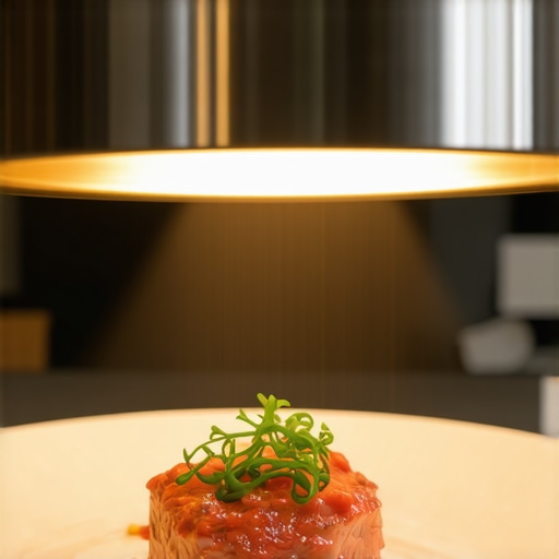 A professional stainless steel infrared heat lamp keeping a catered meal warm in a corporate kitchen.