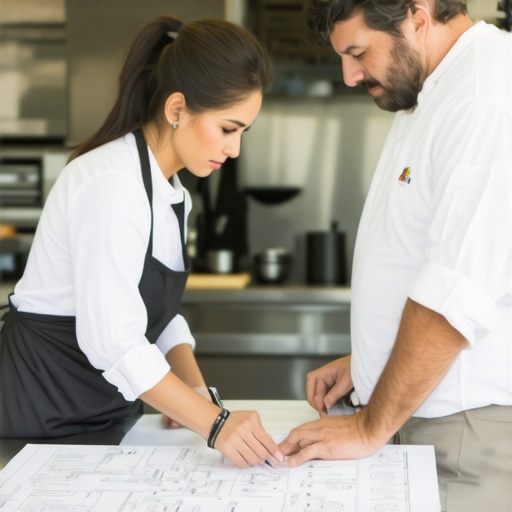 Professional Kitchen Access Negotiation Venue manager and private chef negotiating kitchen logistics for a wedding feast.
