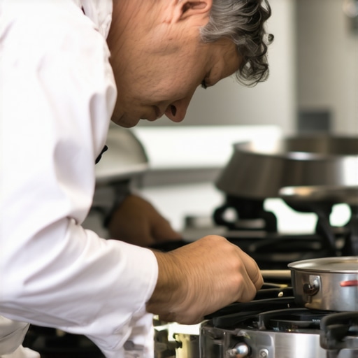 A private chef inspecting a professional-grade stove before a wedding brunch.
