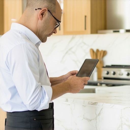 Professional Kitchen Inventory Audit An estate manager reviewing kitchen inventory and financial records on a tablet in a luxury kitchen.
