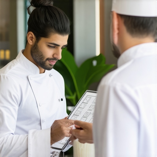 A private chef and event coordinator planning service flow in a commercial kitchen.