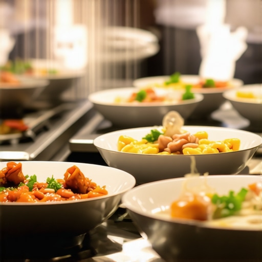 Professional Kitchen Pass Logistics Gourmet plates at a kitchen pass with warming lamps and servers in motion.