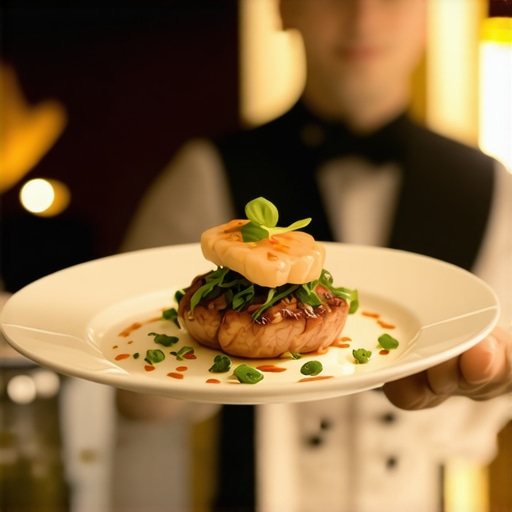 A chef handing a gourmet plate to a tuxedoed server at a high-end wedding event.