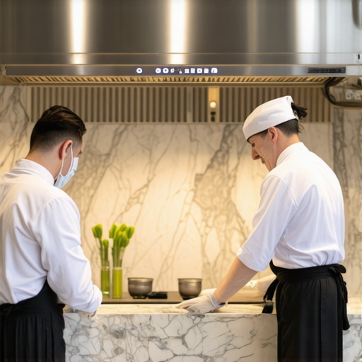 A private chef and assistant cleaning a luxury kitchen after a wedding event.