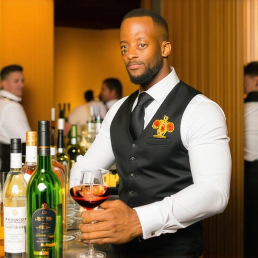 Professional Lead Captain Managing Wedding Staff A lead captain coordinating wedding servers at a high-end reception bar to ensure seamless service.