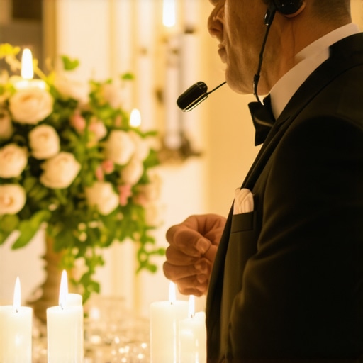 A lead captain managing staff and logistics in a luxury wedding venue during dinner service.