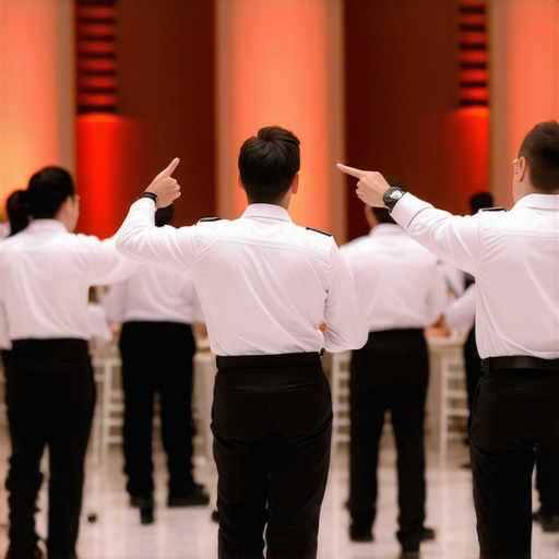 A lead server directing wedding staff on the reception floor to maintain service standards.