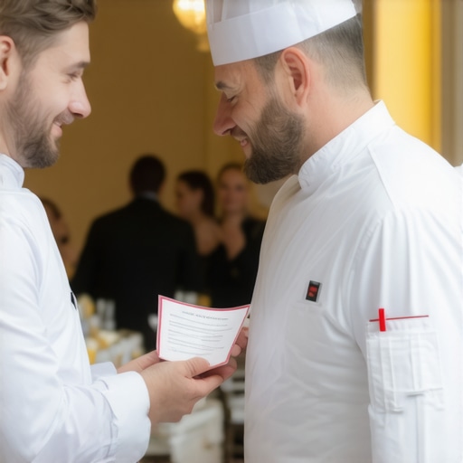 A private chef providing insurance papers to a venue manager in a luxury setting.