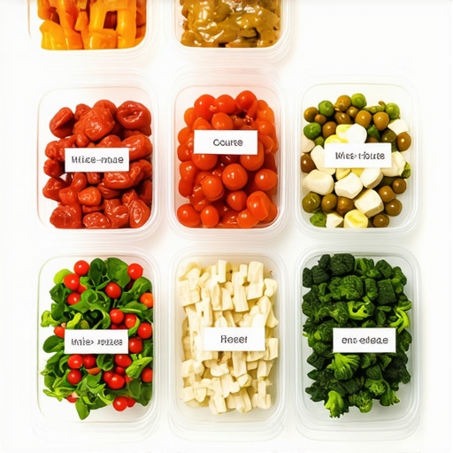 Stacked and labeled professional food containers in a small kitchen layout.