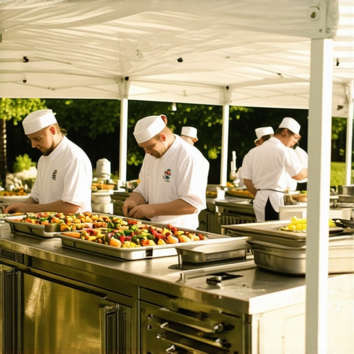 A high-end outdoor wedding catering setup showing chefs preparing food in a temporary kitchen tent.