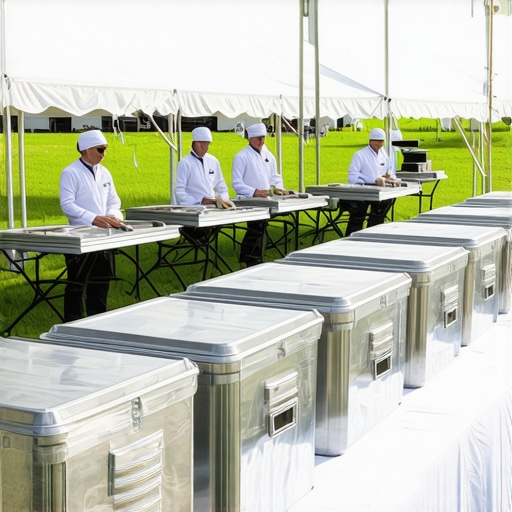 Behind the scenes of an outdoor wedding catering operation with insulated food carriers and staff.
