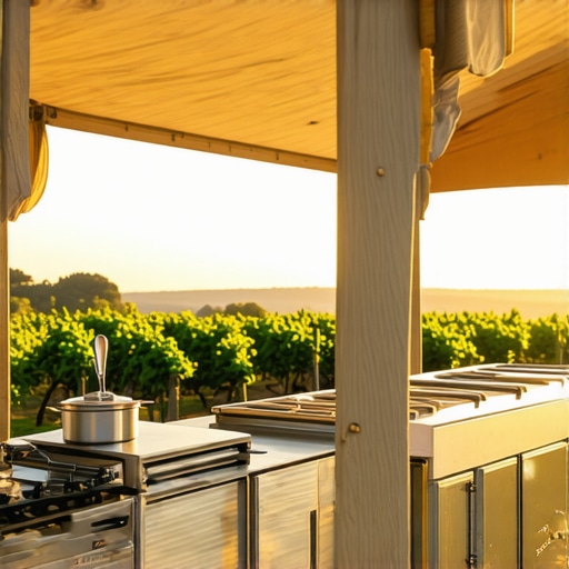 High-end outdoor wedding kitchen staging area with stainless steel equipment and vineyard views.