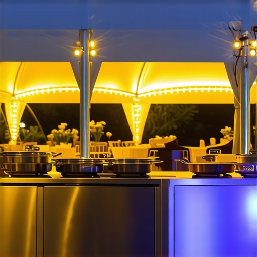A high-capacity mobile kitchen setup featuring stainless steel food preparation equipment next to an outdoor wedding reception