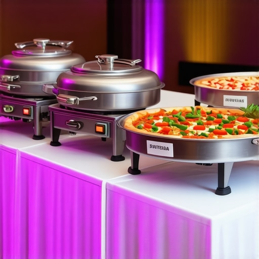 An organized buffet line for 50 people featuring pizza and thermal serving equipment.