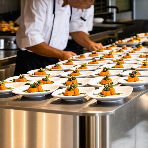 A private chef and assistant plating multiple wedding meals on a professional staging table to ensure temperature control.