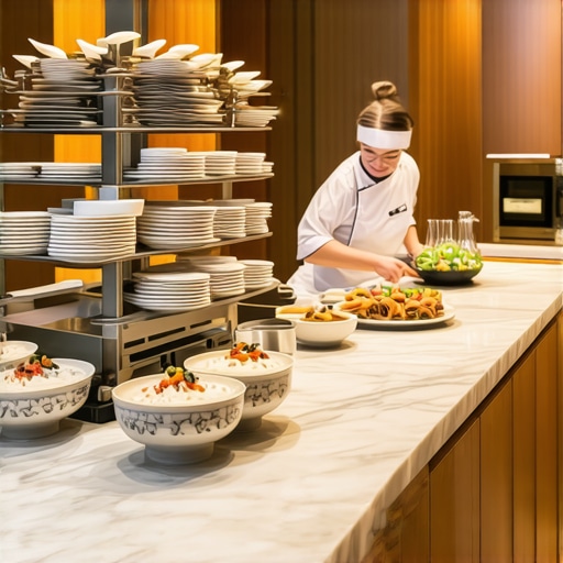 A chef organizes a kitchen island for a private event using professional staging equipment.