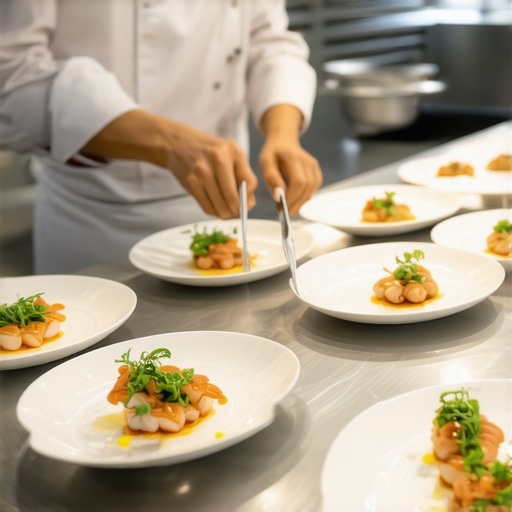 A private chef plating gourmet dishes under specialized LED lighting in a luxury event prep space.