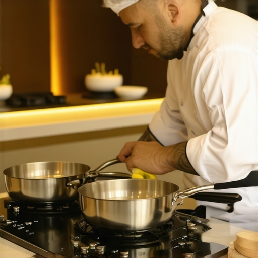 Private chef using portable induction burners in a luxury home kitchen