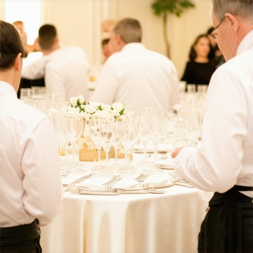 Banquet staff organizing high-end rental equipment during a wedding reception teardown.