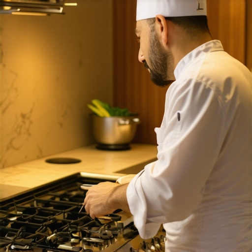A private chef inspecting a luxury home kitchen stove before a wedding event.