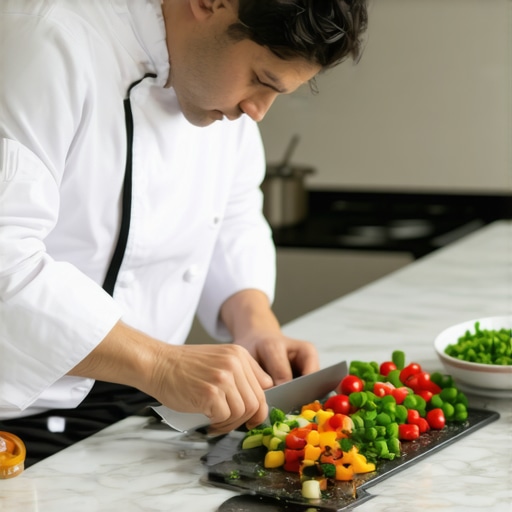 A high-end private chef demonstrating technical skill and ingredient freshness in a luxury kitchen.