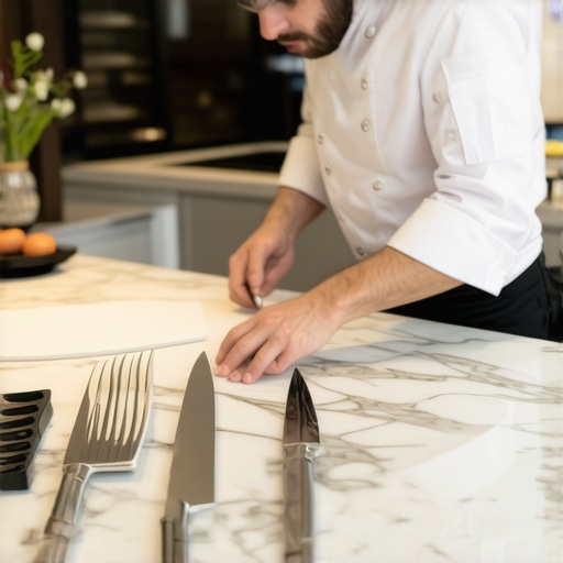 A private chef organizing professional knives and tools in a high-end kitchen.