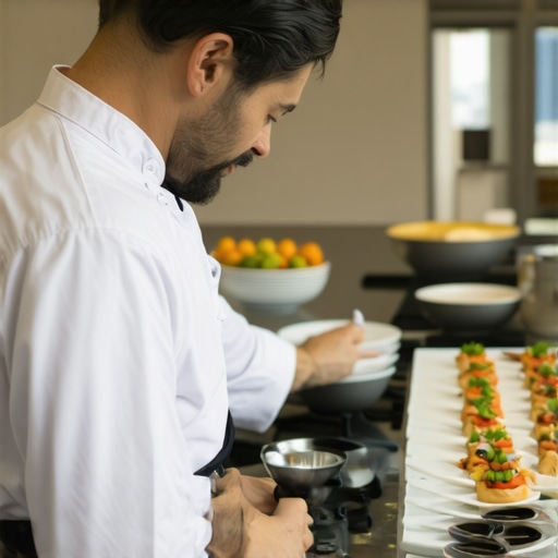 A private chef plating food in a domestic kitchen environment