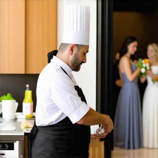 A private chef working in a high-end home kitchen during a wedding reception