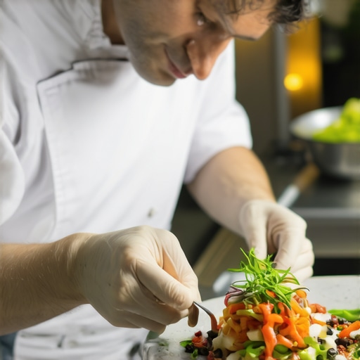 Close up of a private chef's hands garnishing a luxury wedding dish with precision.