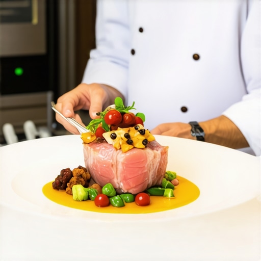 Professional chef preparing high-end wedding cuisine in a residential luxury kitchen