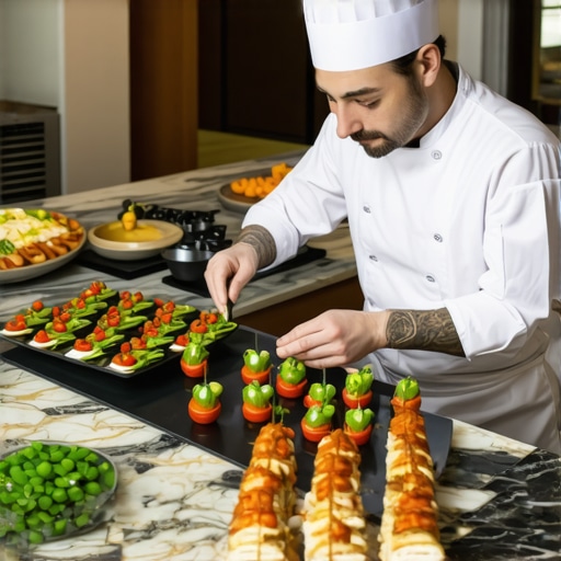 A professional private chef plating a multi-course wedding meal in a high-end residential kitchen with marble countertops.