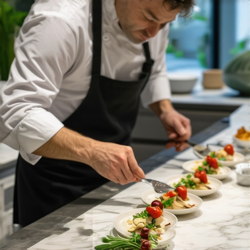 A professional private chef meticulously plating a high-end multi-course meal in a luxury residential kitchen environment.