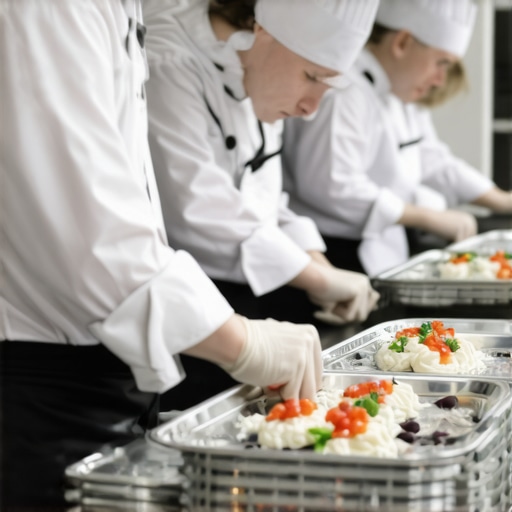 A team of professional caterers and a private chef organizing high-end equipment in a home kitchen for a wedding event.