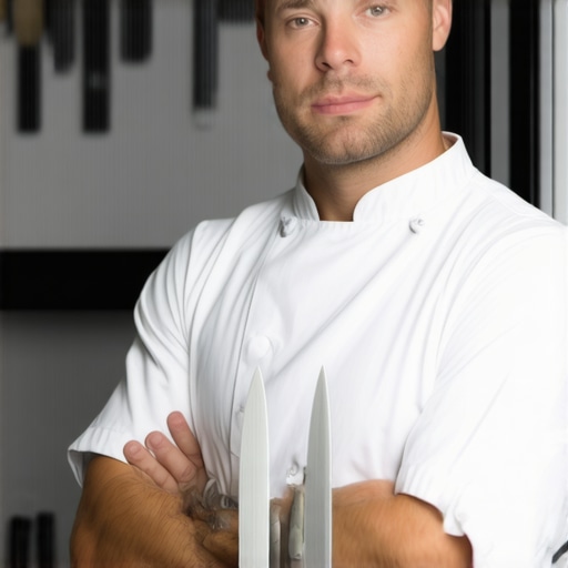 A professional private chef showcasing the essential tools and knives required for a high-end wedding catering event.