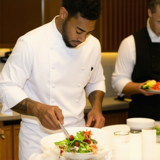 Professional Private Chef and Server Logistics A private chef and server coordinating a high-end dinner service in a residential kitchen.