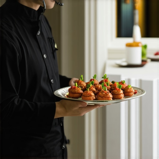 A catering runner using communication technology to coordinate food delivery at a high-end wedding.