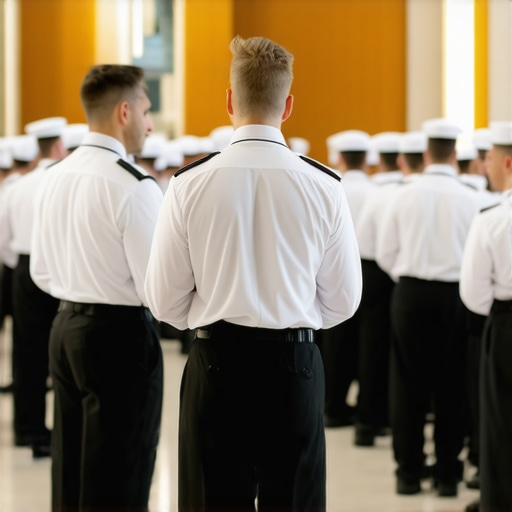 A team of professional wedding servers receiving instructions from a kitchen liaison before a gala dinner.