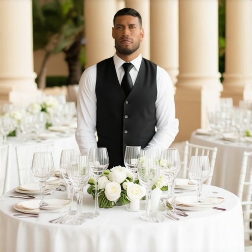 A professional wedding server executing formal service at a luxury Mediterranean reception.