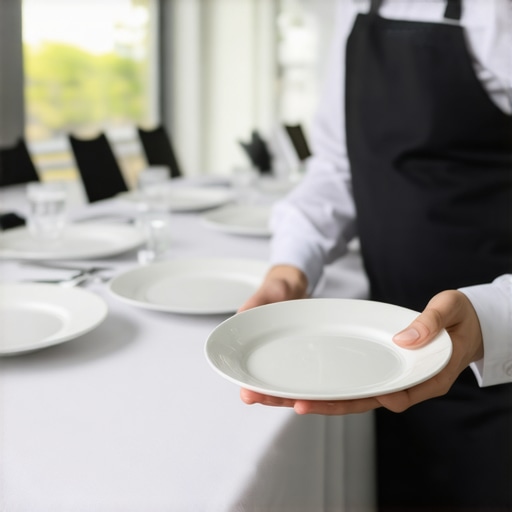 A professional server clearing plates during a high-stakes corporate meeting.