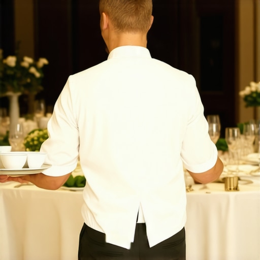 A server demonstrating the glide-walk technique for soup service at a high-end wedding.