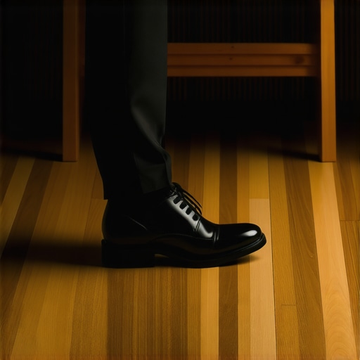 Close-up of professional server footwear and formal trousers on hardwood floor.