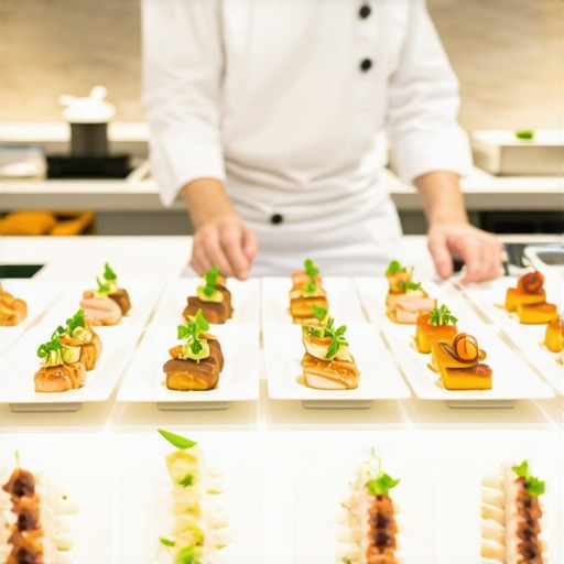 A server arranging diverse food items on uniform platters for a professional corporate lunch.