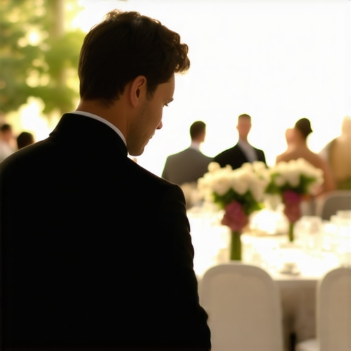 A professional event server standing in the background of a luxury reception, demonstrating elite service etiquette.