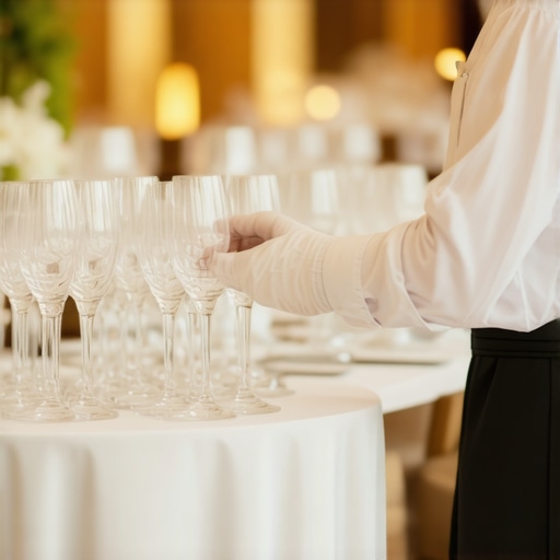 Professional Server Maintaining Table Cleanliness A professional server clearing glassware during a luxury wedding reception to maintain a clean environment.