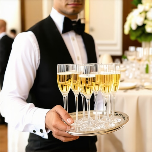 A catering server professionally navigating a luxury home wedding reception with a tray of drinks.
