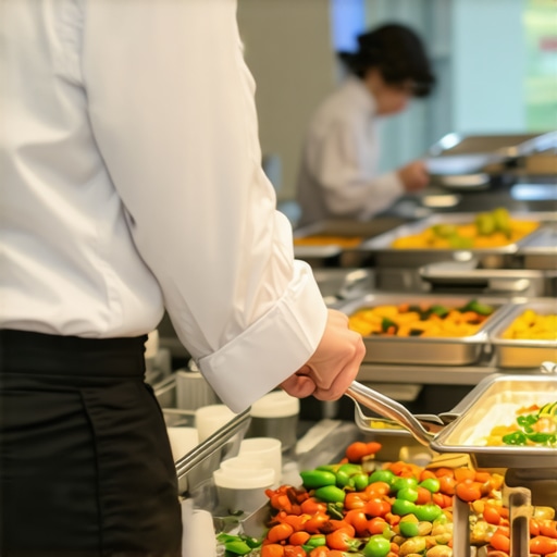 A professional server portioning food for a guest at a corporate buffet station